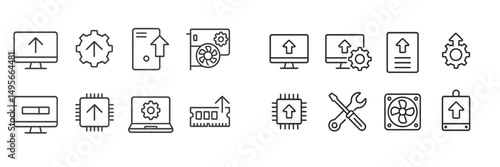 Icons representing technology and hardware components in a minimalist design showcasing upgrades and repairs to computer systems