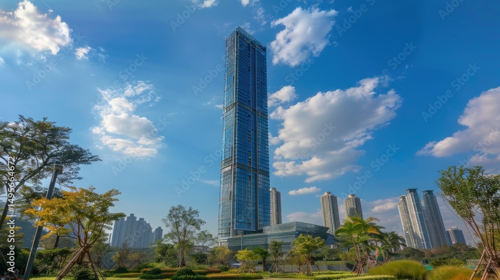 Obraz premium A tall modern office building under blue sky