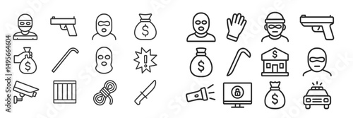 Collection of crime-related icons depicting various criminal activities and paraphernalia, suitable for educational or design projects
