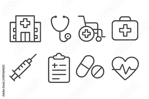 Health care symbols including hospital, medical equipment, and medication in a minimalistic design