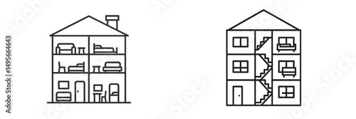 Comparing a house layout with a multi-story building design in simple line art style