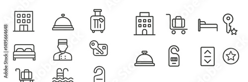 Icons representing various hotel services and amenities in a minimalist design suitable for travel and accommodation themes