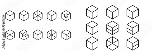 Illustration of various geometric cube designs arranged in two groups showcasing different line patterns and perspectives