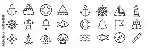 Maritime symbols and icons depicting various elements of nautical life and the sea in a simple design