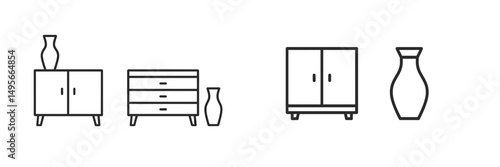 Stylish line art furniture and decor design showcasing cabinets, vases, and storage options for modern interiors
