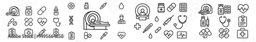 Healthcare icons illustrating medical services and equipment, showcasing patient care elements in a modern design