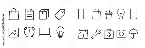 Variety of simple line icons representing common items and activities for daily use and organization