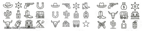 Western themed icons including cowboy hats, guns, cacti, and horseshoes used for design in a vintage style collection