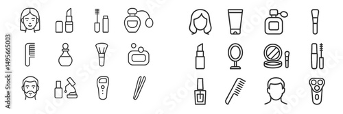 Collection of beauty and grooming icons featuring various cosmetics and tools for personal care