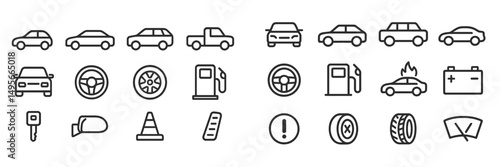 Collection of car and automotive icons representing various activities and components in transportation