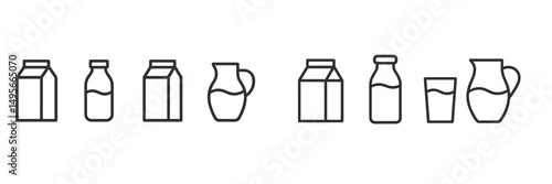 Collection of minimalist line graphics depicting various milk containers and a glass