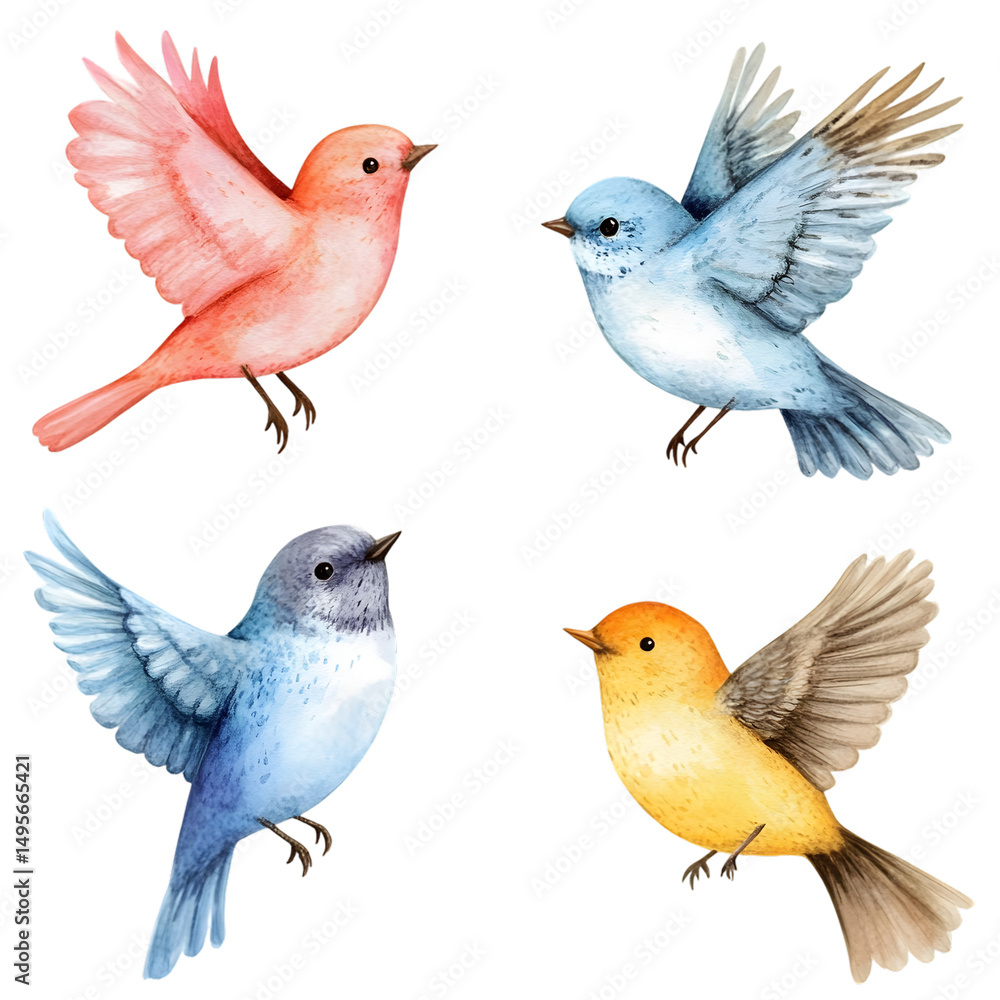 Fototapeta premium Four Watercolor Birds Soaring, Each a vibrant splash of color, captured in dynamic flight. The illustration showcases the exquisite detail and ethereal quality of watercolor.