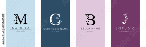 Logo M, G, capital letter B, J. Monogram of Botanical Minimalistic, Initial. with Organic Plant Elements. Vector design. 