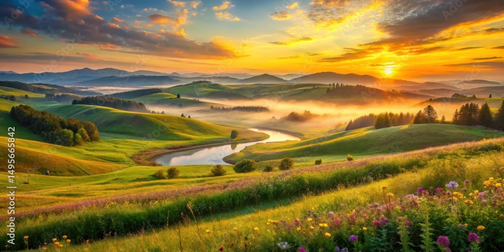 Golden Sunrise Over Rolling Hills and Serpentine River Valley, Lush Meadows, Wildflowers