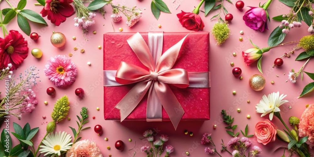 A Festive Gift Box Adorned with Delicate Pink Blooms and Sparkling Ornaments on a Soft Pink Background