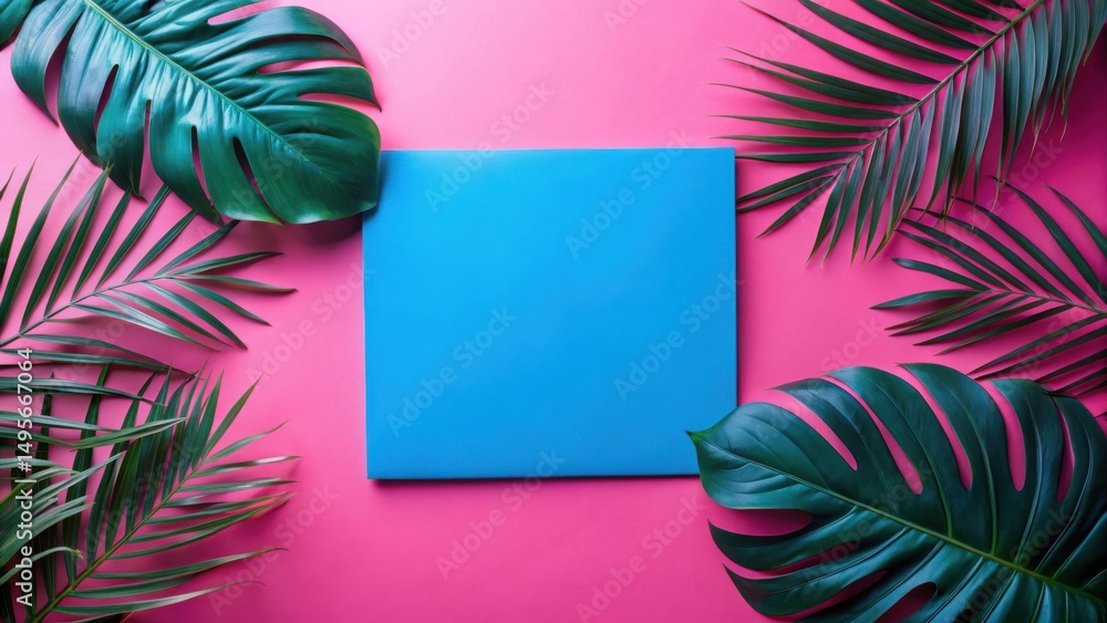Vibrant tropical foliage arrangement surrounding a solid azure square on a bright pink backdrop, ideal for summer-themed designs and projects.