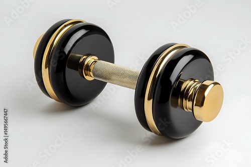 A close up shot of a black and gold dumbbell on a white surface in a studio environment setting