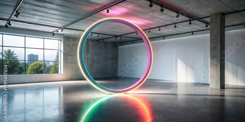 Modern Interior Design Featuring a Vibrant Illuminated Circular Frame in a Spacious Room with Concrete Walls and Polished Floor