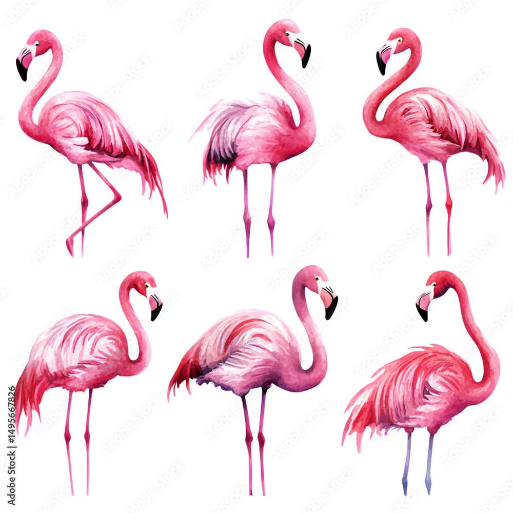 Fototapeta premium A collection of vibrant watercolor flamingos, capturing the elegance and grace of these exotic birds. Each flamingo showcases unique pose.