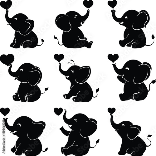 Black silhouette elephants sit while playfully balancing hearts upon their trunks in a loving pattern