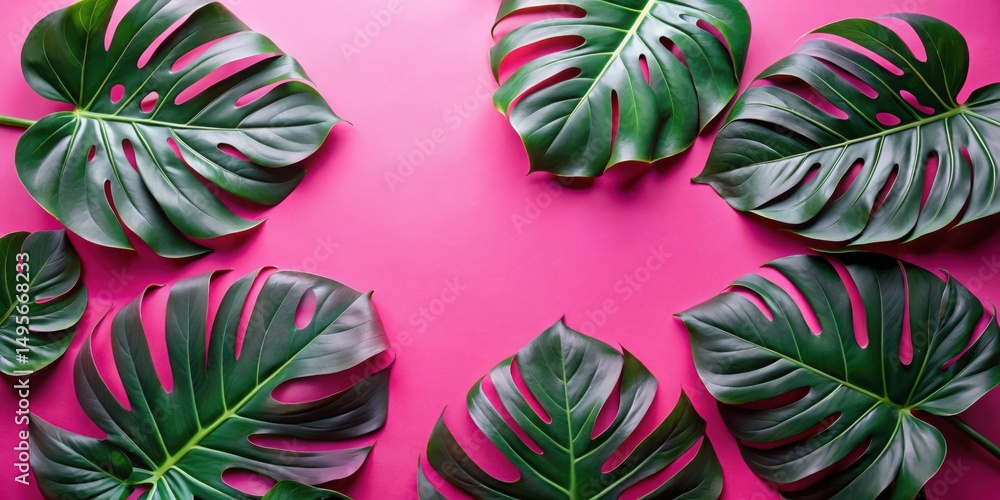 Vibrant Pink Background Decorated with Lush Green Tropical Foliage Arranged in a Frame for a Summery Design