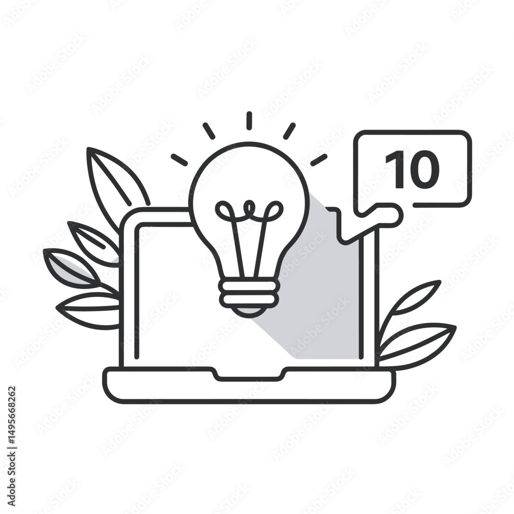 Laptop with a lightbulb and chat bubbles representing an idea and a notification. Laptop with a lightbulb and chat bubbles representing an idea and a notification.