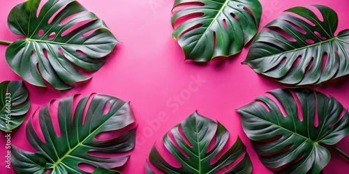 Obraz na płótnie Vibrant Pink Background Decorated with Lush Green Tropical Foliage Arranged in a Frame for a Summery Design w salonie