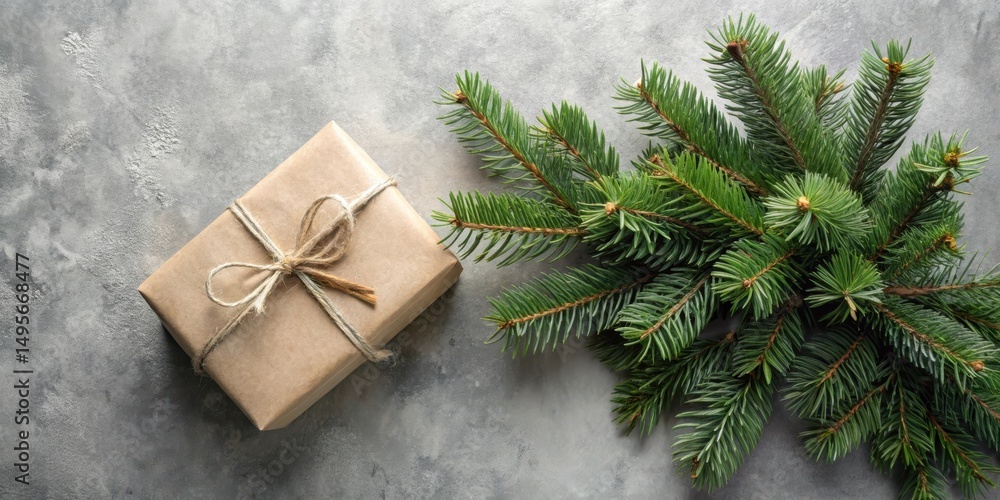 A thoughtfully wrapped gift, tied with rustic twine, rests beside a lush sprig of evergreen, suggesting the warmth and spirit of the season.