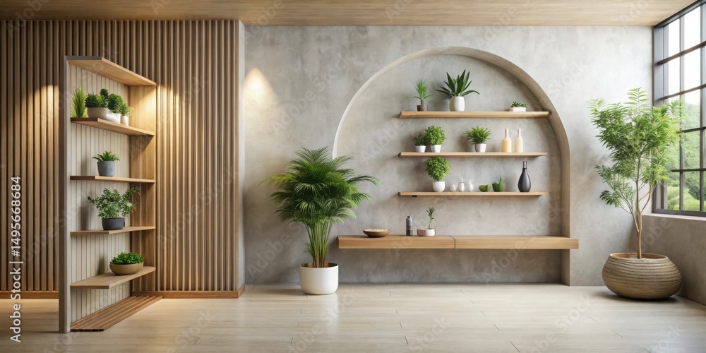 Serene Minimalist Interior Design Featuring Wooden Shelving Units and Lush Greenery in a Tranquil Setting
