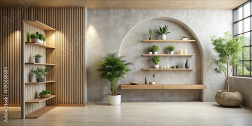 Serene Minimalist Interior Design Featuring Wooden Shelving Units and Lush Greenery in a Tranquil Setting