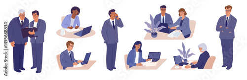 Set of diverse business people working on laptops, writing notes, talking on the phone, having discussions. Vector color isolated illustration in flat style