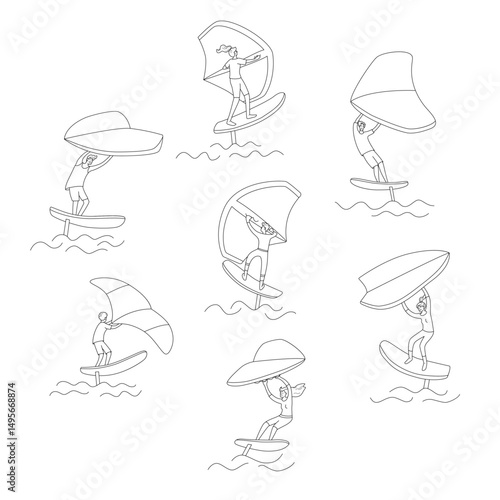 Set of  people standing on a board, holds onto a wing and moves the board across the water. Wing foiling sport. Vector isolated  illustration in line style.
