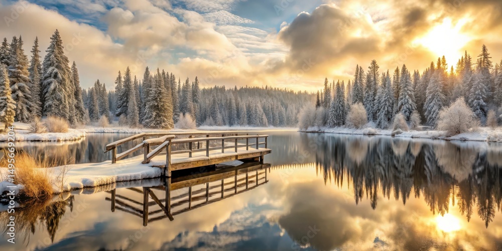Serene Winter Sunrise Over a Tranquil Lake with a Snow-Covered Wooden Dock and Majestic Evergreens Reflecting in the Still Waters