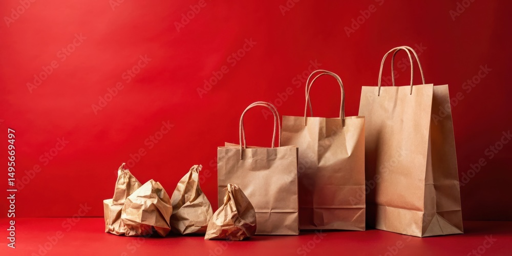 Brown Paper Shopping Bags on Red Background Various Sizes and a Crumpled Set