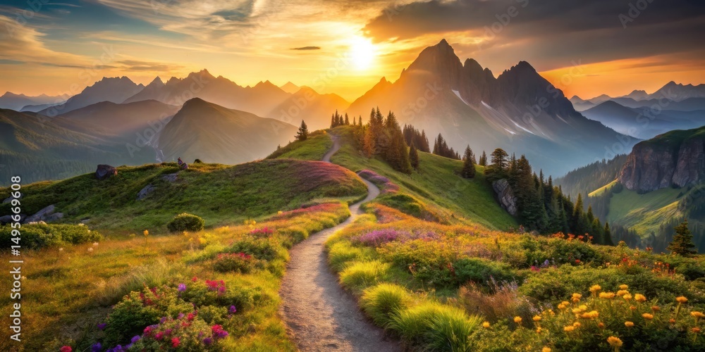 A Serene Sunset Hike Along a Winding Mountain Trail, Adorned with Vibrant Wildflowers and Majestic Peaks