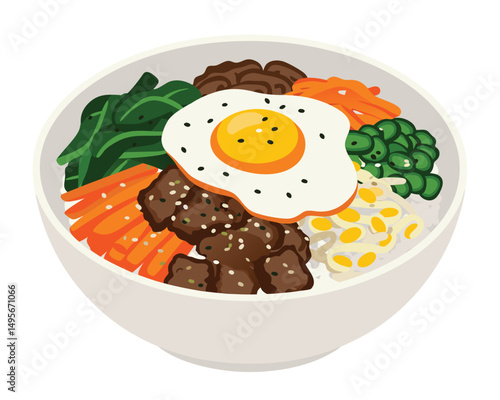 Colorful Bowl of Bibimbap with Fresh Ingredients and Fried Egg on Top