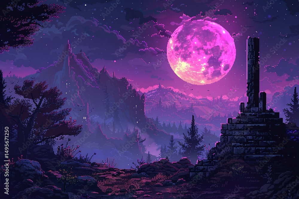 Fototapeta premium Eerie Pixel Art Fantasy Landscape with Glowing Moon Varient 3