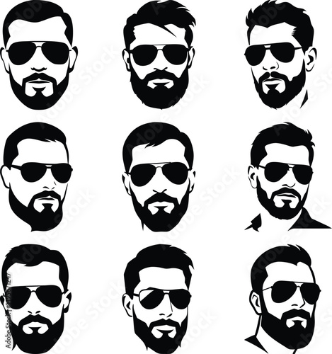 Diverse bearded men wear aviator sunglasses, each portrait shows unique hairstyles in black vector