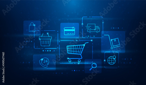 e-commerce online shopping digital market internet technology. shopping cart and business icon. vector illustration fantastic technology.