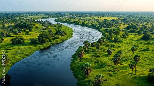 River carves a lush green landscape snaking to the horizon