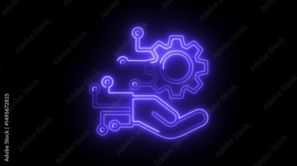 Neon tech hand with gear icon represents engineering and support animation Neon tech hand with gear icon represents engineering and support animation
