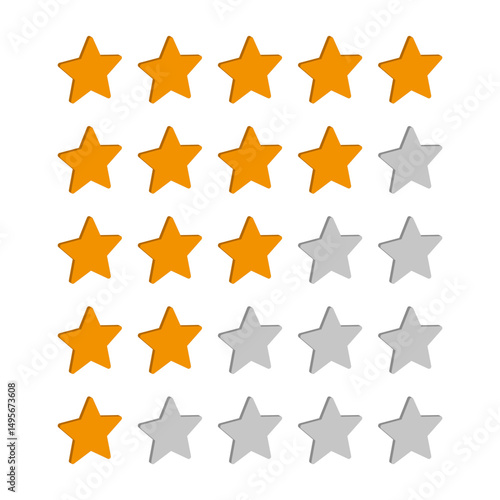 3D Star Rating Icons Set Vector Illustration. A 5-level star rating system featuring a subtle 3D effect. Each row presents a different rating from five to one star.