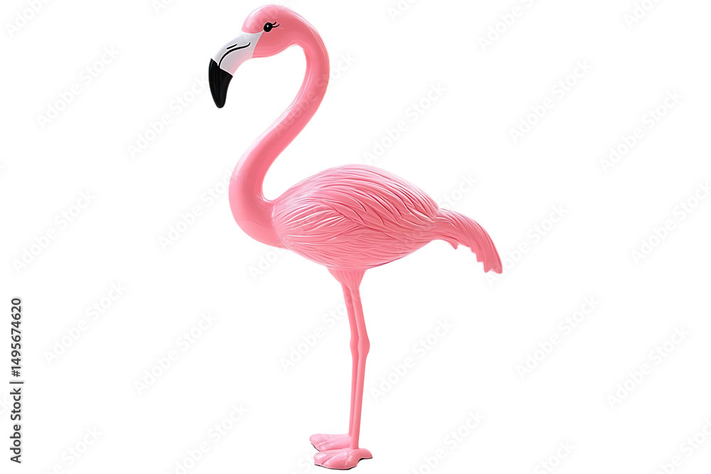 Obraz premium Plastic pink flamingo standing on one leg. Perfect lawn decoration, garden ornament, or whimsical home decor prop white background in PNG format. 