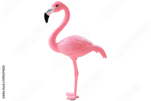 Plastic pink flamingo standing on one leg. Perfect lawn decoration, garden ornament, or whimsical home decor prop white background in PNG format. 