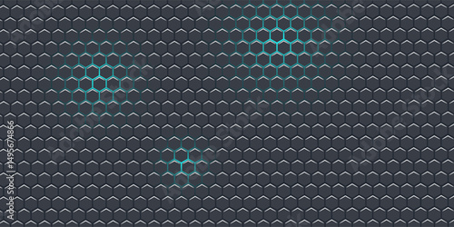 Dark gray and blue technology hexagonal vector background. Abstract blue bright energy flashes under hexagon in dark hi-tech futuristic modern vector background. Gray gaming honeycomb texture grid.
