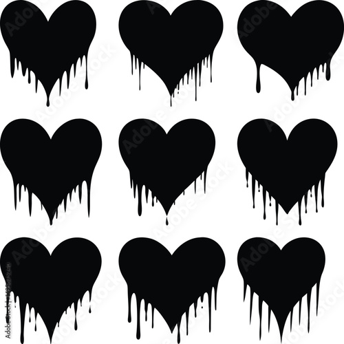 Nine black dripping hearts are arranged on the pure white color background design