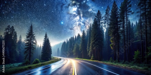 Nighttime Drive Through an Enchanting Pine Forest Under a Starry Sky with the Milky Way Galaxy Visible