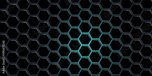 Dark gray and blue technology hexagonal vector background. Abstract blue bright energy flashes under hexagon in dark hi-tech futuristic modern vector background. Gray gaming honeycomb texture grid.