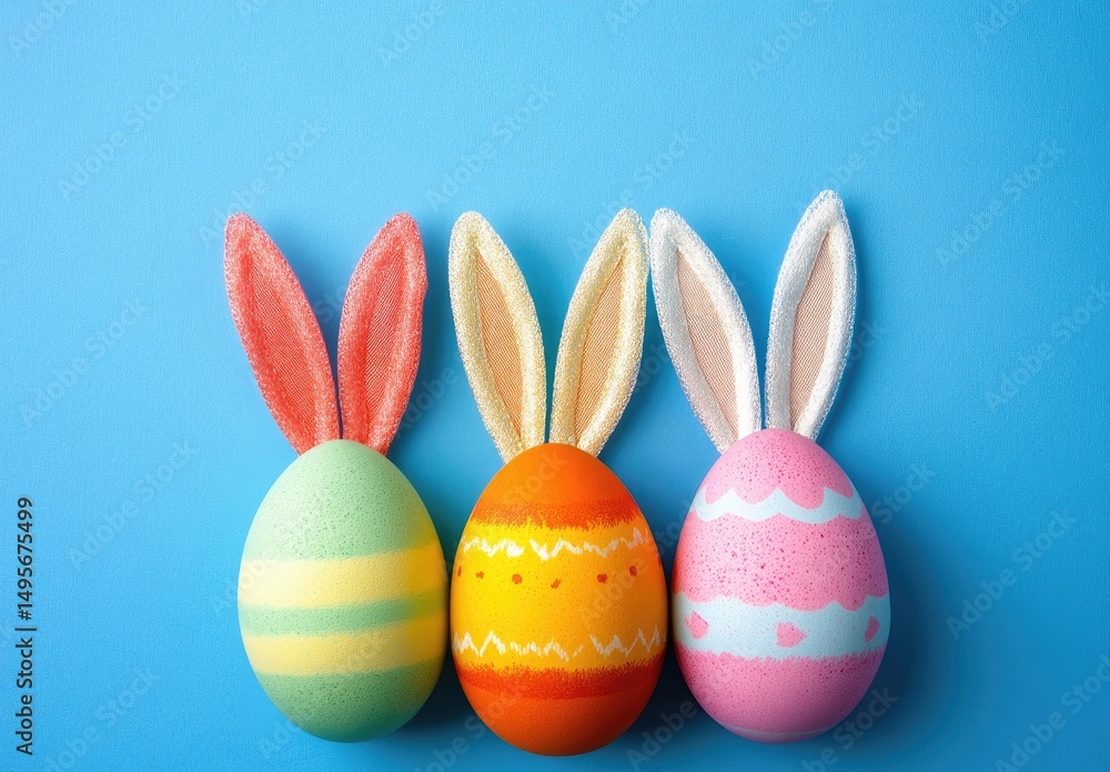 Three colorful Easter eggs with bunny ears on a bright blue background Three colorful Easter eggs with bunny ears on a bright blue background