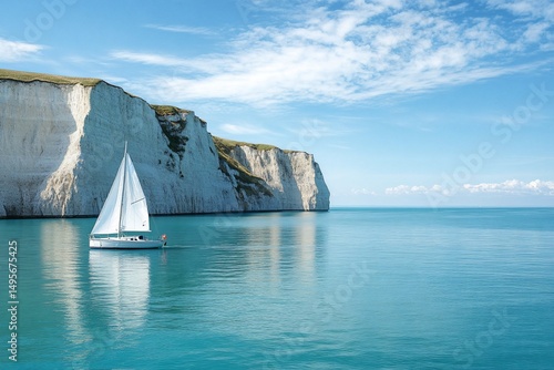 Sailboat on calm turquoise ocean with white cliffs in background under a blue sky.